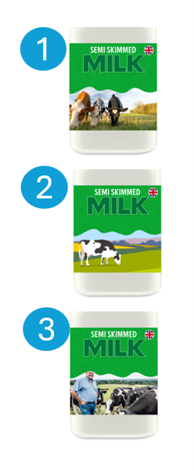 3 milk bottle fronts ranked. Top one cows grazing, two cartoon cow, three is a farmer with cows